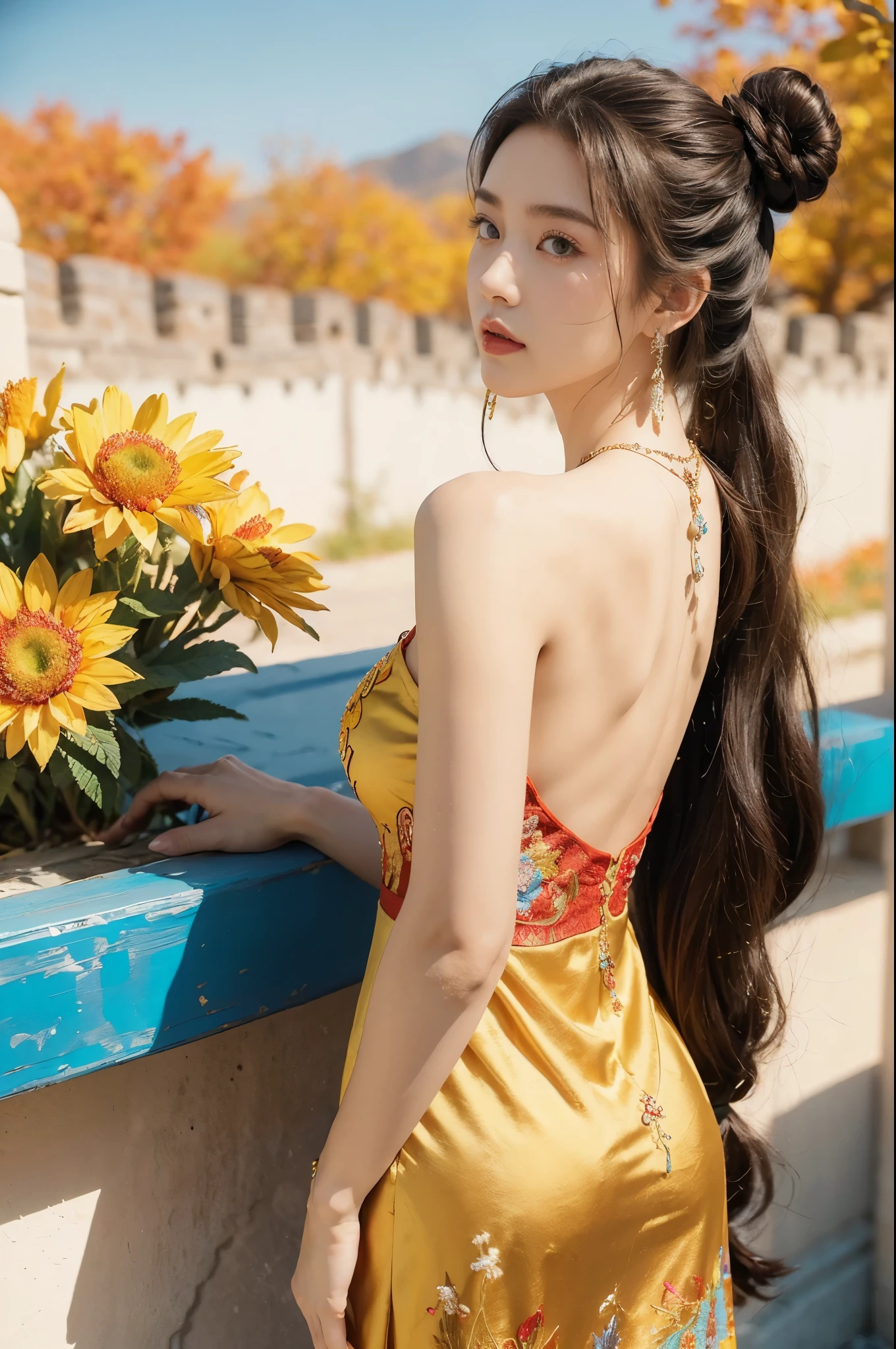 (((best quality))), (((ultra detailed))), (((masterpiece))), illustration,((1 beautiful girl,solo)),(on the Great Wall:1.3),(neat bun:1.2),((earrings,necklace)),((slim,thin)),((bare back,towering hips,butt crack)),((October, sunny, autumn,bright sunshine)), magnificent mountains,(maxi gorgeous Exquisite embroideried red dress:1.3),(stockings:1.3),(standing:1.3),gracefully,(detailed bright eyes:1.3),(fair skin:1.3), radiant,sparkling, vibrant colors,(colorful flowers:1.3), elegance, strength, perseverance, majestic, awe-inspiring, fluffy white clouds,((from back,upper body))