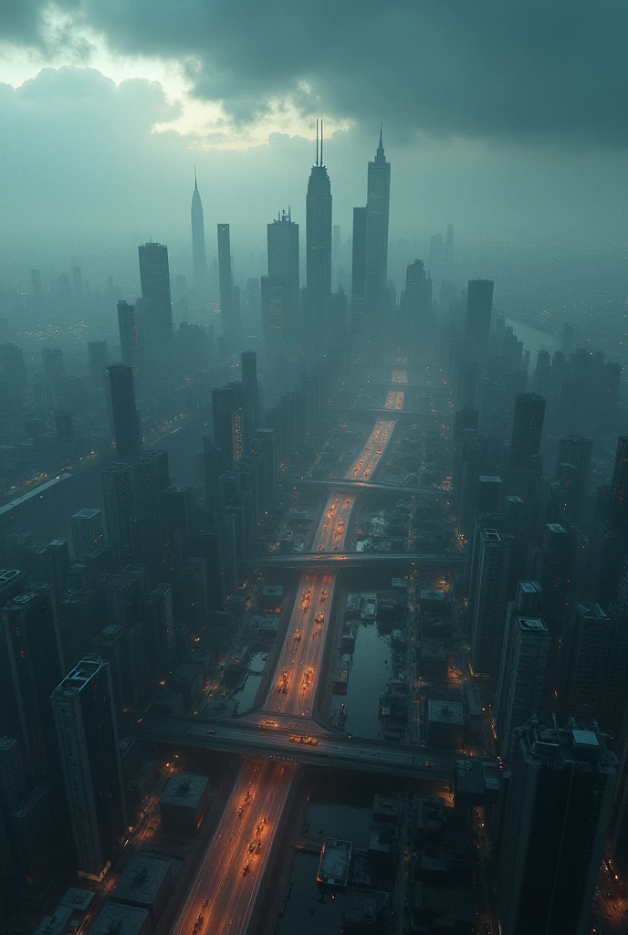 (photorealism:1.2), modern day dark fantasy city wide aerial shot 