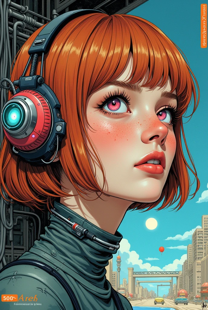 (Original ink art:1.2), (Linear Art:1.31), (Fine details:1.3), Limited color palette, (move:1.4), 1 girl, aldult (A river:0.7) Miss, freckle, Pink Eyes, Ginger Rob Hair, Solitary, Half Shot, look up, Detailed background, Delicate face, (vintagefuturism AI, vintagefuturism Themes:1.1), Android, robot, Biomechanical limbs, Mechanical Eye, cable, Head tilt, Stylish design, Augmented Reality, Digital implantation, Nanotechnology, Circuit, , Powered by magic, Hologram, energy pulse, reflector, Neon Colors, 背景cable, movie environment, American style, vintage, High quality, (50's style, 90s style:1.3), (Movie Posters, text:1.2), (Film Grain, Film Covering:1.2)