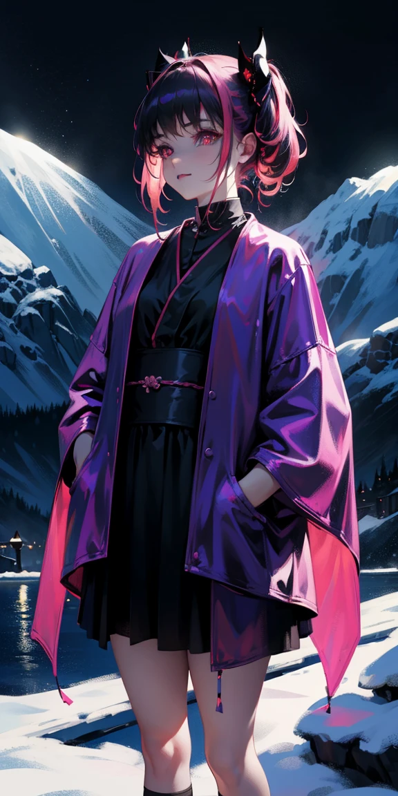 Science-Fiction, flauschige, uhd, 4k, textured skin, good quality, High details, ​masterpiece, best quality, (Amazingly absurd:1.2), (​masterpiece:1.2), 1 Vampire Girl, evil laugh, not looking at viewer, Kimono, standing, looking in the distance, evil smirking, glowing red eyes, shiny hair , fullbody, two colored hair, hairbow, glowing dress, black knee socks, Kawaiitech, soft colours, Kawaii, Beautiful colors, studio lighting, (Mountaintop:1), (Night:2),