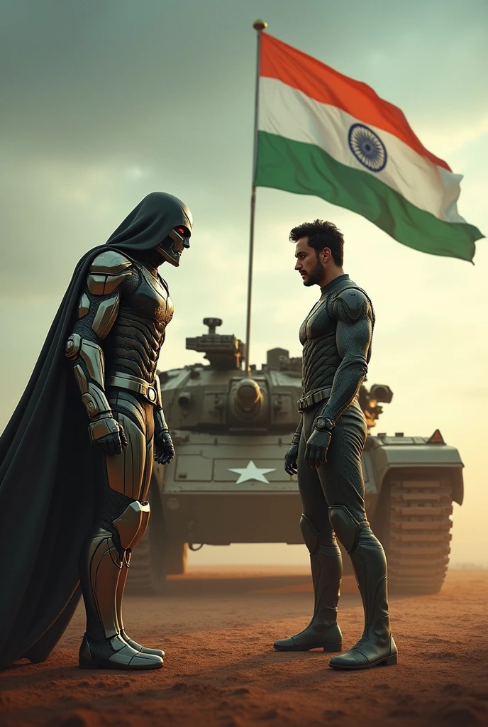 Robert Downey junior in Dr doom vs Hrithik Roshan in Krrish with army tank and Indian flag