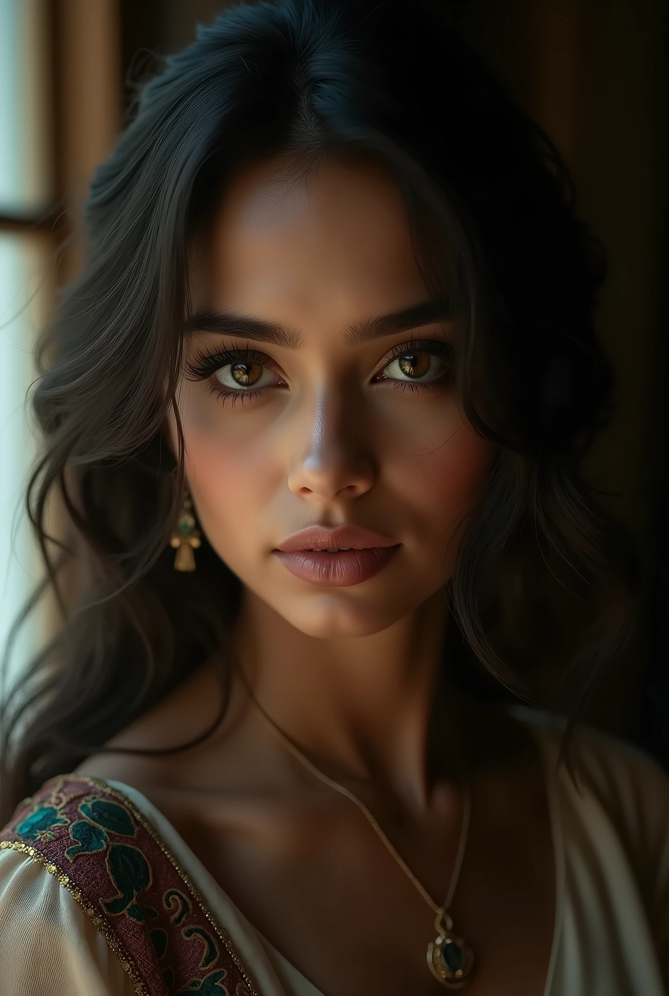 a beautiful mysterious Indian woman, Western fashion, intricate detailed face, piercing eyes, long eyelashes, delicate skin, natural beauty, flowing hair, candid elegant pose, dramatic lighting, cinematic mood, muted color palette, chiaroscuro lighting, high quality, photorealistic, 8k, intricate details, professional rendering