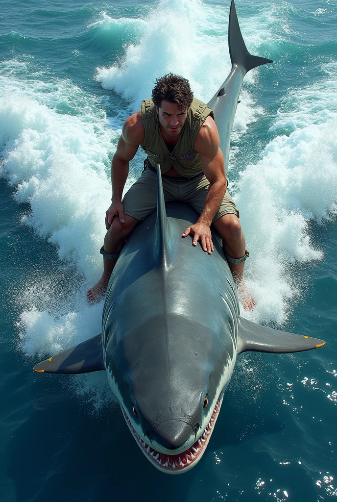 Man riding on a shark in a sea