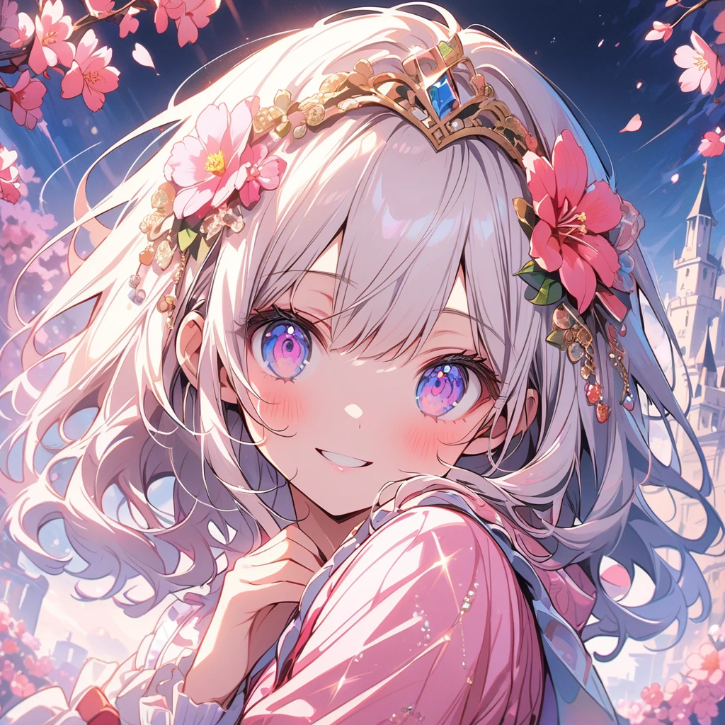 pretty anime doll like young girl, kawaii 1girl, solo, (sharp focus, very aesthetic), portrait shot, face focus, catch light, facing forward, smile, looking at viewer, beautiful detailed eyes, detailed scenery, detailed flower garden, castle, (white hair), blush, (pink dress), cherry blossoms in full bloom, (perfect hands, perfect face, perfect eyes), detailed background, natural light, three-point lighting, (master piece, 8k high-resolution), (jewelry eyes:1.2), (floral tiara), ((exquisite illustration of a girl wearing flowers)), ((blooming flowers)), ultra detailed, perfect light, beautiful face, perfect face contour, perfect eyes, beautiful hair, flowers in hair, best quality, glitter, sequins, look at viewers, light makeup, best quality, multicolor, sequins