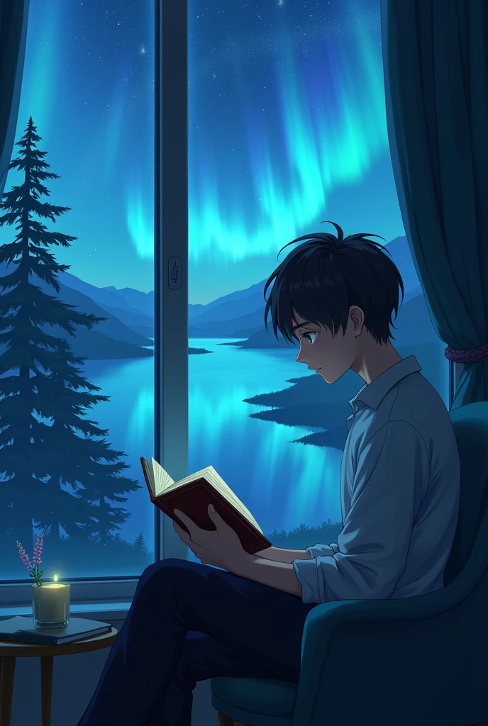 Anime guy sitting reading a book in front of the window at night. Outside there is a blue river. In the sky there are stars. There is an aurora.