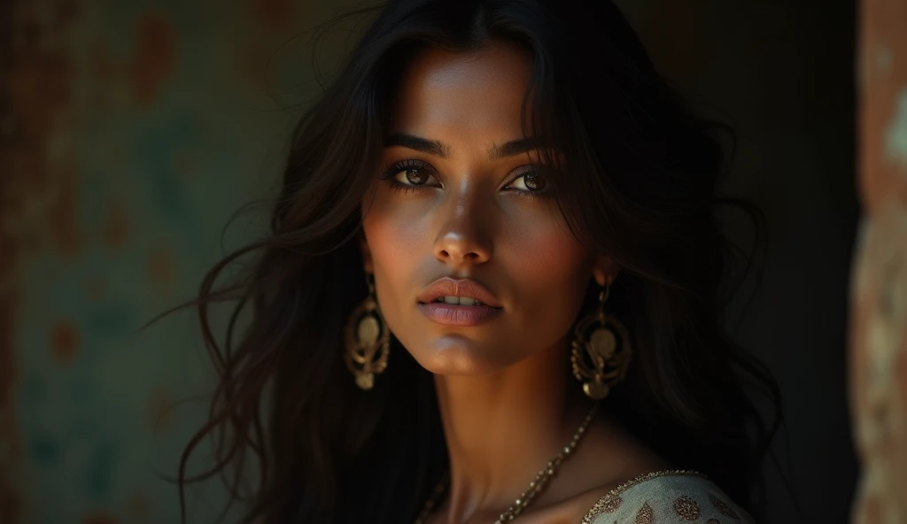 a beautiful mysterious Indian woman, Western fashion, intricate detailed face, piercing eyes, long eyelashes, delicate skin, natural beauty, flowing hair, candid elegant pose, dramatic lighting, cinematic mood, muted color palette, chiaroscuro lighting, high quality, photorealistic, 8k, intricate details, professional rendering