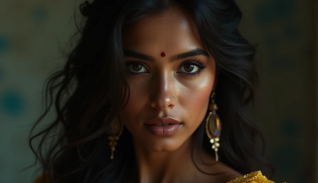a beautiful mysterious Indian woman, Western fashion, intricate detailed face, piercing eyes, long eyelashes, delicate skin, natural beauty, flowing hair, candid elegant pose, dramatic lighting, cinematic mood, muted color palette, chiaroscuro lighting, high quality, photorealistic, 8k, intricate details, professional rendering