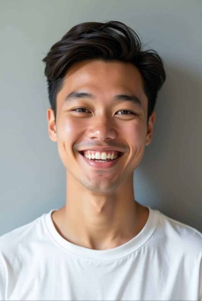 ((Hispanic)), (Photo: 1.3) from (Photorealism: 1.3), frontal Close-up, soft light, clear face, cheerful, warm light, white t-shirt, (gray and white background), (blank background), (gray wall background) avatar, (short hair), smile, short hair, smile, (Close-up)