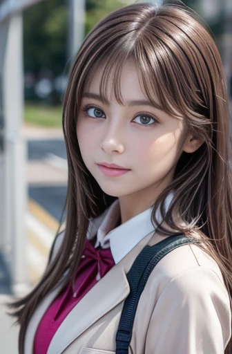 {{1 female, white}}, View your audience, Hazel Eyes, Ultra-high resolution,Very detailed, Brown Hair, Pink clothes,uniform, high school girl, Soft skin texture,Soft and sexy lips, Happy, 最high quality, high quality, Very detailed 8K生写真:1.5, whole body