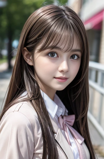 {{1 female, white}}, View your audience, Hazel Eyes, Ultra-high resolution,Very detailed, Brown Hair, Pink clothes,uniform, high school girl, Soft skin texture,Soft and sexy lips, Happy, 最high quality, high quality, Very detailed 8K生写真:1.5, whole body