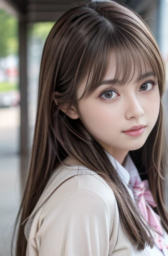 {{1 female, white}}, View your audience, Hazel Eyes, Ultra-high resolution,Very detailed, Brown Hair, Pink clothes,uniform, high school girl, Soft skin texture,Soft and sexy lips, Happy, 最high quality, high quality, Very detailed 8K生写真:1.5, whole body