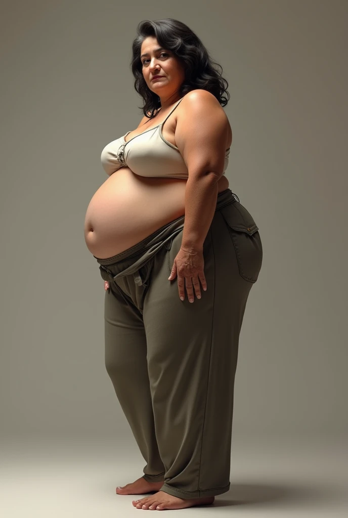 (photorealism:1.2), arab woman,big hips,big ass,slim waist,lush,Older,side view,baggy trousers,round ass, medium hair