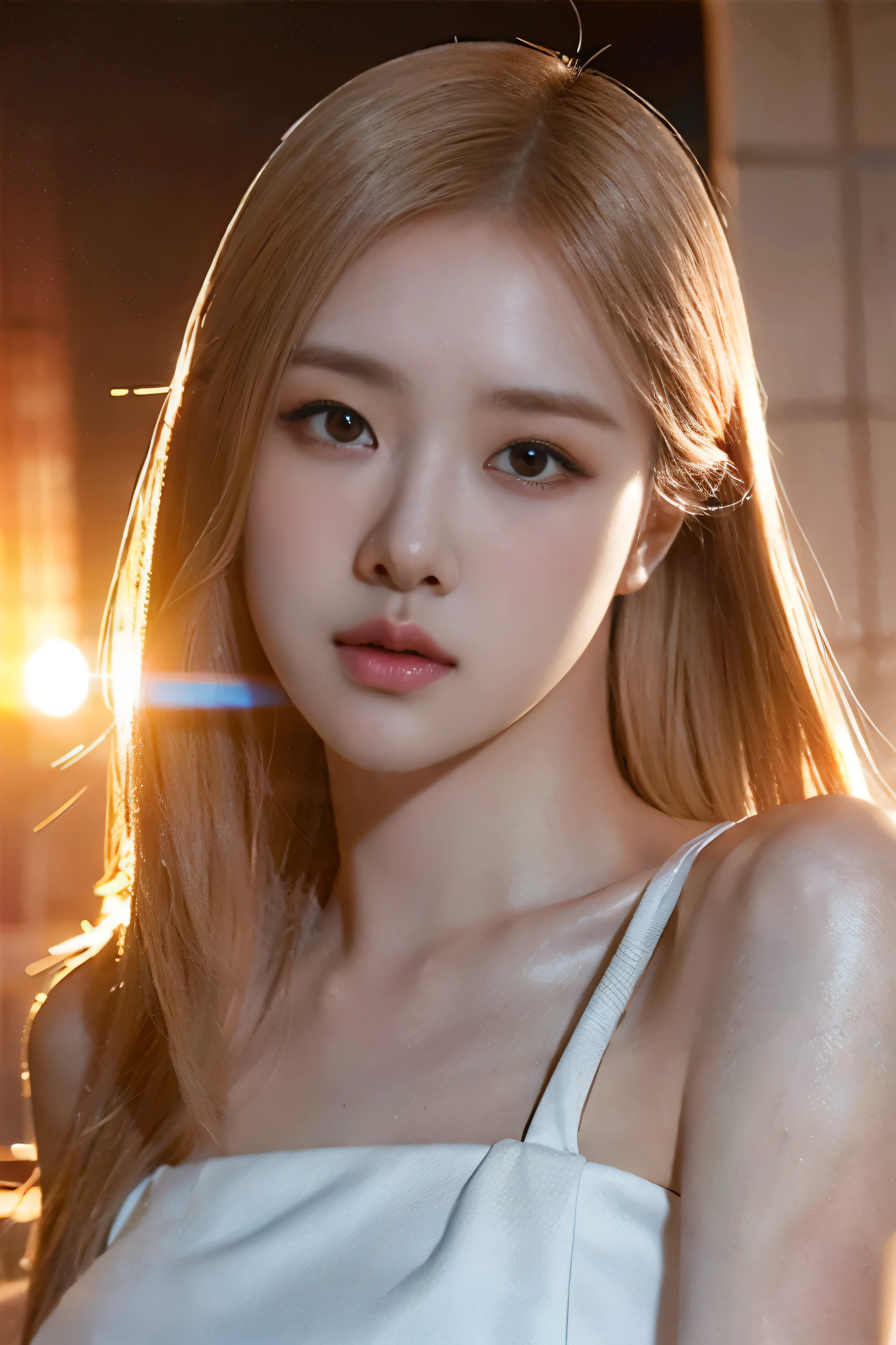 a beautiful blonde girl in a white dress, (kissing the sunset), detailed face and eyes, serene expression, photorealistic, dramatic lighting, sunset colors, vivid colors, highly detailed, masterpiece, 8k, hyper realistic, volumetric lighting, cinematic, award-winning photography