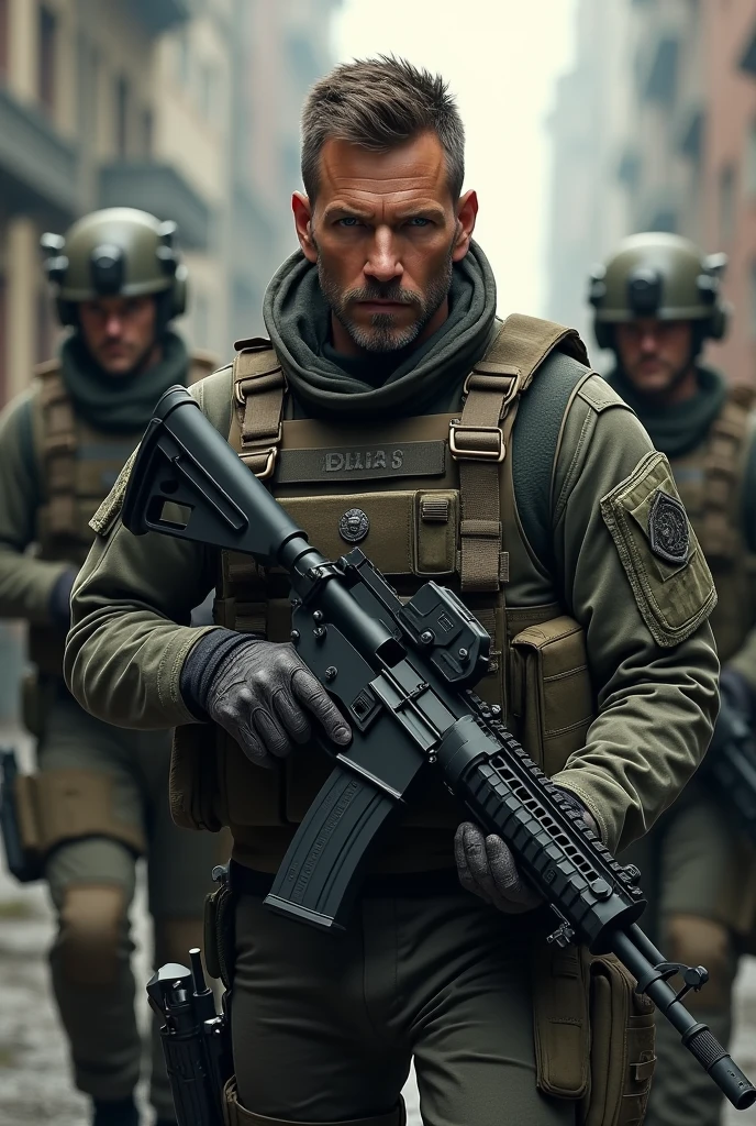Realistic Delta forces guy holding Mk18 mod 2 with two friends building Background years 2008
