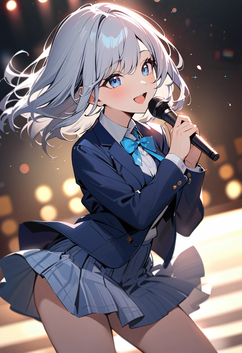 Masterpiece, best quality, a girl with white hair, blue eyes, beautifully smiling, modern high school student, cute, on the stage, summer, singing, looking forward, short straight hair, school suits, dancing, solo