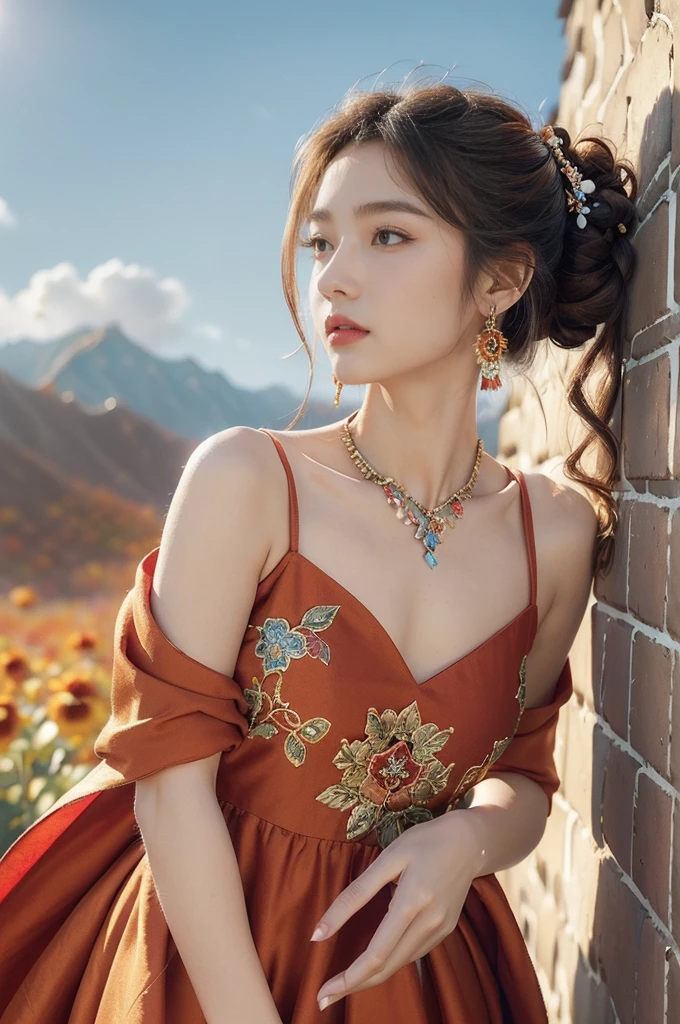 (((best quality))), (((ultra detailed))), (((masterpiece))), illustration,((1 beautiful girl,solo)),(on the Great Wall:1.3),(neat bun:1.2),((earrings,necklace)),((slim,thin)),((small breasts,flat chest)),((October, sunny, autumn,bright sunshine)), magnificent mountains,(maxi gorgeous Exquisite embroideried red dress:1.3),(stockings:1.3),(slender legs:1.2),(standing:1.3),gracefully,(detailed bright eyes:1.3),(fair skin:1.3), radiant,sparkling, vibrant colors,(colorful flowers:1.3), elegance, strength, perseverance, majestic, awe-inspiring, fluffy white clouds,((from front,upper body))