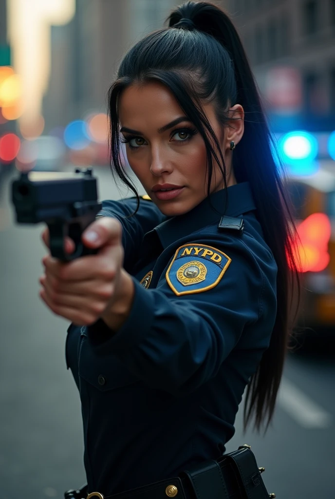 ultra realistic, photography, long black straight hair in a ponytail, elegant hair, (30 years old, hazel eyes, hourglass figure, perfect fit body, natural big breasts), firtatious look, femme fatale, long eyelashes, cat-eye make-up, she is from the NYPD and has her gun drawn with both hands, feet spread standing stance, at a crime scene, someone is running away, full body picture, wide angle, extreme wide angle