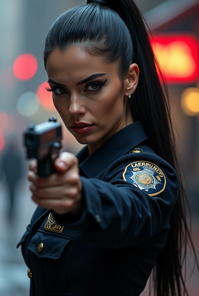 ultra realistic, photography, long black straight hair in a ponytail, elegant hair, (30 years old, hazel eyes, hourglass figure, perfect fit body, natural big breasts), firtatious look, femme fatale, long eyelashes, cat-eye make-up, she is from the NYPD and has her gun drawn with both hands, feet spread standing stance, at a crime scene, someone is running away, full body picture, wide angle, extreme wide angle