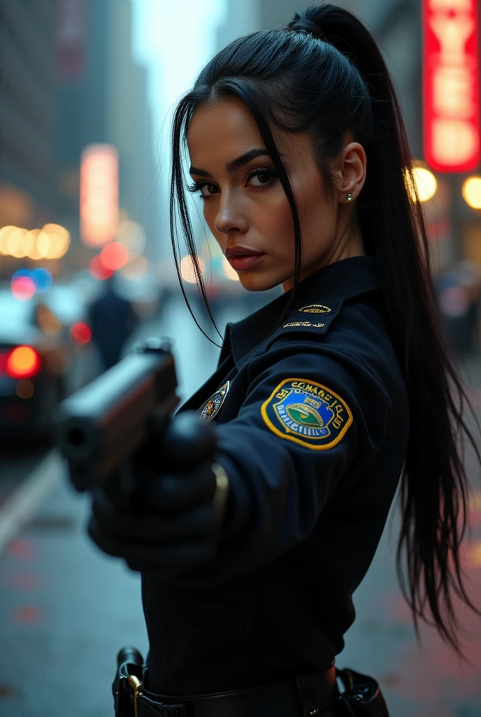 ultra realistic, photography, long black straight hair in a ponytail, elegant hair, (30 years old, hazel eyes, hourglass figure, perfect fit body, natural big breasts), firtatious look, femme fatale, long eyelashes, cat-eye make-up, she is from the NYPD and has her gun drawn with both hands, feet spread standing stance, at a crime scene, someone is running away, full body picture, wide angle, extreme wide angle