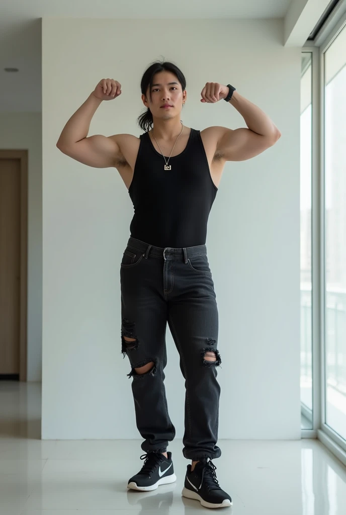 A handsome young man korean, Body clean and white,wearing bright black tanktop, wearing A small silver necklace with the logo"LD", slightly Torn black jeans, pony hair style, black sports shoes, slightly chubby, arms up, handsome, krim modern interior background 