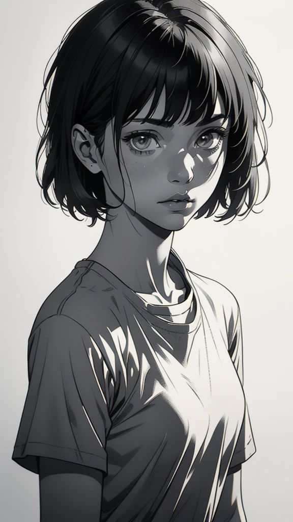 1 boyish girl, solo, sharp eyes, monochrome, greyscale, short black hair, portrait, white T-shirt, closed mouth, looking at viewer, graphite \(medium\), detailed lips, hatching \(texture\), without makeup, bangs, upper body, (best illustration), (best quality), (very detailed), (masterpiece), expressionless,