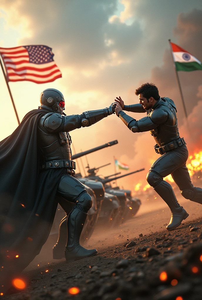 Robert Downey junior in Dr doom vs Hrithik Roshan in Krrish with army tanks usa flag and Indian flag