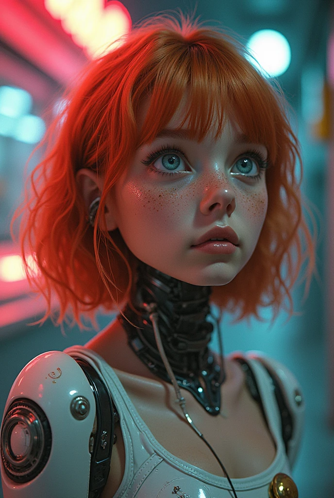(Original ink art:1.2), (Linear Art:1.31), (Fine details:1.3), Limited color palette, (move:1.4), 1 girl, aldult (A river:0.7) Miss, freckle, Pink Eyes, Ginger Rob Hair, Solitary, Half Shot, look up, Detailed background, Delicate face, (vintagefuturism AI, vintagefuturism Themes:1.1), Android, , Biomechanical limbs, Mechanical Eye, cable, Head tilt, Stylish design, Augmented Reality, Digital implantation, Nanotechnology, Circuit, , Powered by magic, Hologram, energy pulse, reflector, Neon Colors, 背景cable, movie environment, American style, vintage, High quality, (50&#39;s style, 90s style:1.3), (Movie Posters, text:1.2), (Film Grain, Film Covering:1.2)