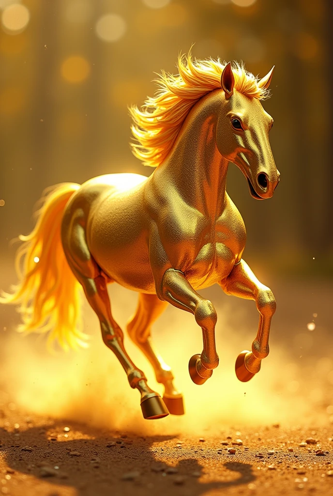 running horse，Made of gold all over，Perfect light，Demonstrate speed and fluidity