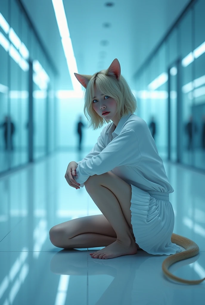 (photorealism:1.2), beautiful woman, swedish, blonde,sad, pensive, assistant, white shirt, pleated skirt, white underwear, 18yo, corporate lobby, white floor and ceiling, blue lighting, hologram, projection,looking at camera, short hair, cat ears, cat tail, crouching , legs apart, speading, mirrors, refections