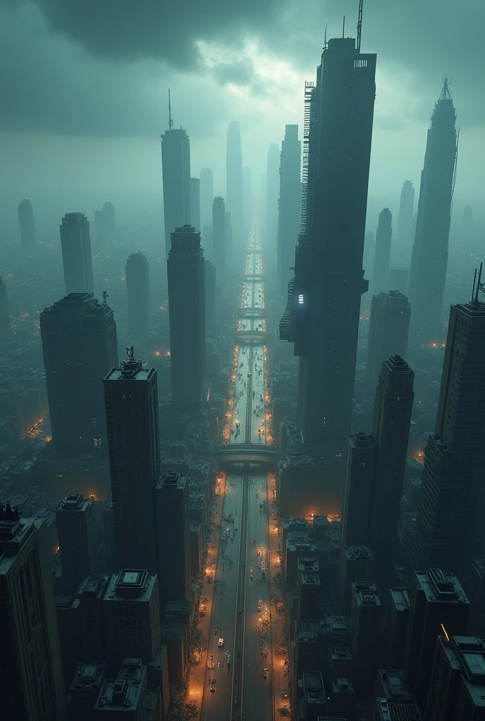(photorealism:1.2), modern day dark fantasy city wide aerial shot