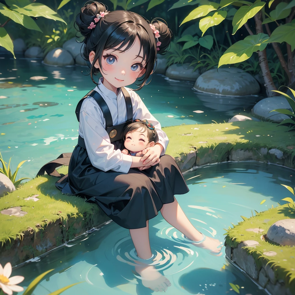 A chibi  girl had a small face and wearing a little tourist priest’s outfit, a pair of big round eyes shone with curiosity about him. This childso cute, her hair is black with buns on her hair. Small chibi , chibi baby, smil, chibi. 

Sitting fishing next to a green stream, a blue river full of fish. flowing slowly