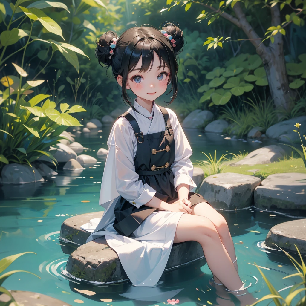 A chibi child girl had a small face and wearing a little tourist priest’s outfit, a pair of big round eyes shone with curiosity about him. This child was so cute, her hair is black with buns on her hair. Small chibi , chibi baby, smiling , chibi. 

Sitting fishing next to a green stream, a blue river full of fish. flowing slowly