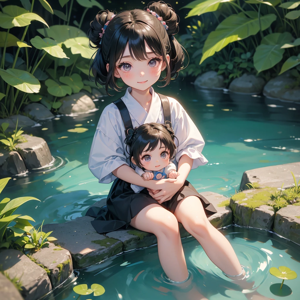 A chibi child girl had a small face and wearing a little tourist priest’s outfit, a pair of big round eyes shone with curiosity about him. This child was so cute, her hair is black with buns on her hair. Small chibi , chibi baby, smiling , chibi. 

Sitting fishing next to a green stream, a blue river full of fish. flowing slowly