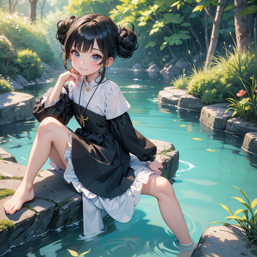 masterpiece、top-quality、ultra-detailliert、(Chibi Chara's Daughter:1.2)、((Swimmit), Gothic ta:1.3)
(frills skirt)、The background is the blue pond of Biei Town、ヨガ🧘🏻♀️ポーズ、full body Esbian、A smile