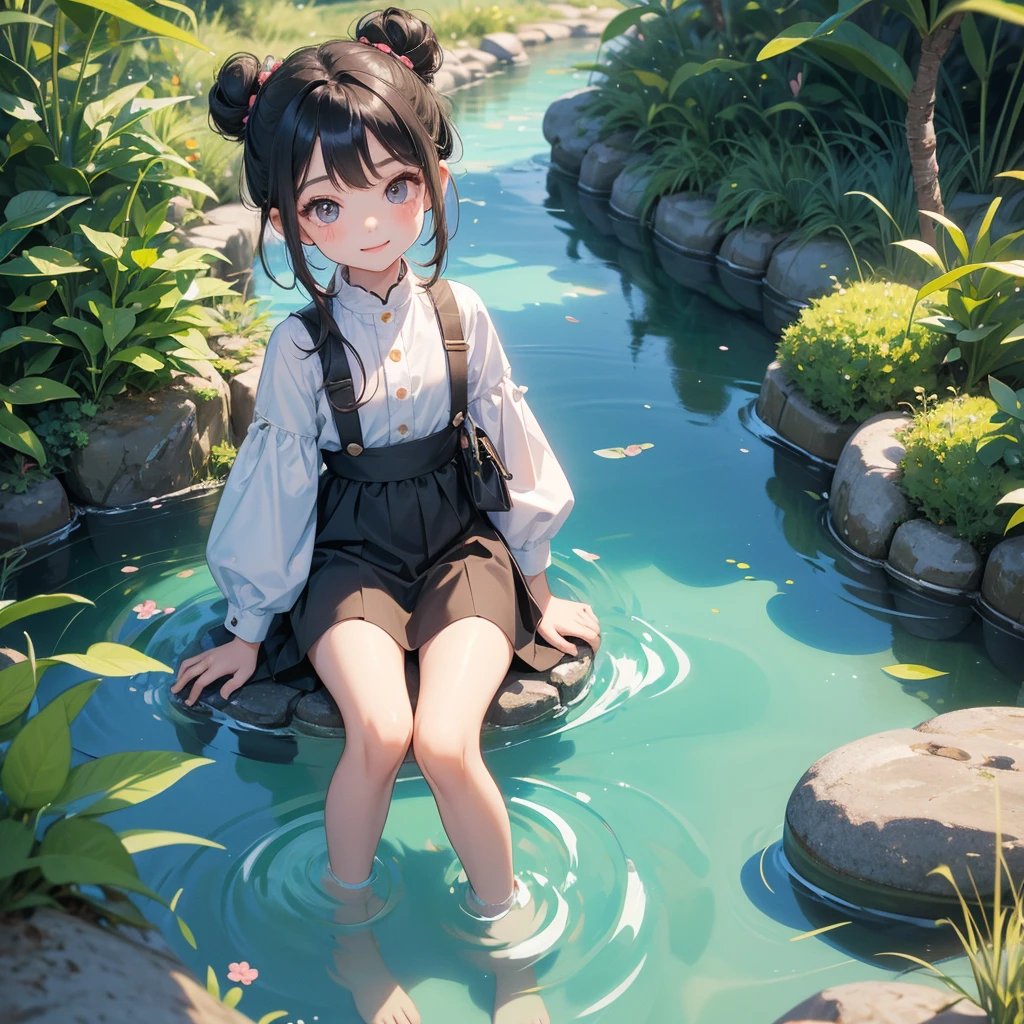 A chibi child girl had a small face and wearing a little tourist priest’s outfit, a pair of big round eyes shone with curiosity about him. This child was so cute, her hair is black with buns on her hair. Small chibi , chibi baby, smiling , chibi.
Sitting fishing next to a green stream, a blue river full of fish. flowing slowly
