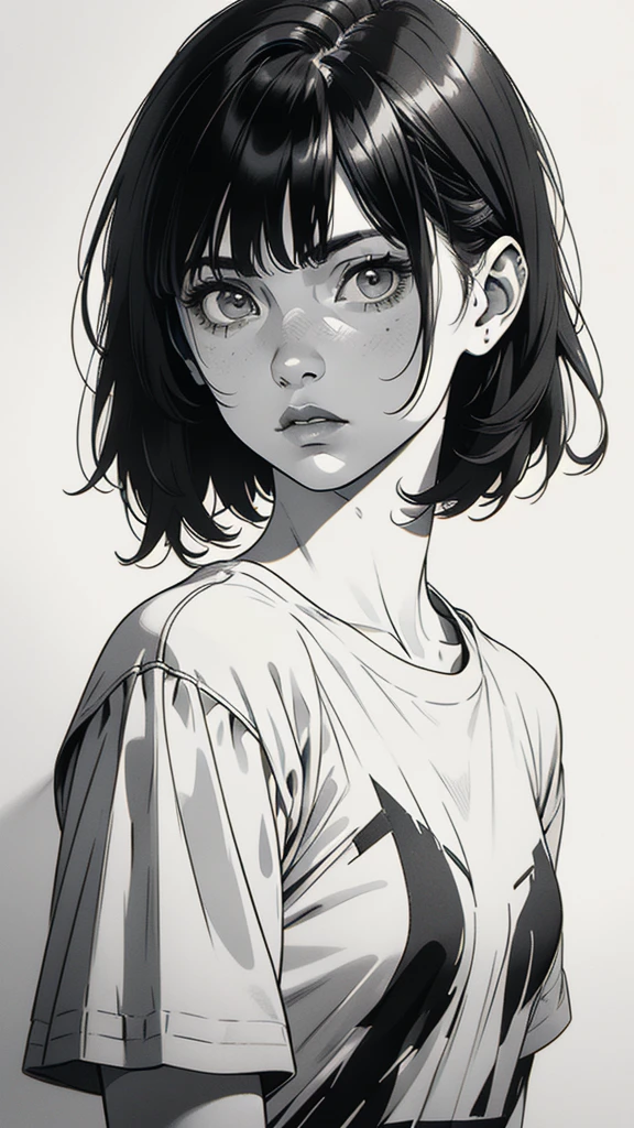 1 boyish girl, solo, sharp eyes, monochrome, greyscale, short black hair, portrait, white T-shirt, closed mouth, looking at viewer, graphite \(medium\), detailed lips, hatching \(texture\), without makeup, bangs, upper body, (best illustration), (best quality), (very detailed), (masterpiece), expressionless,