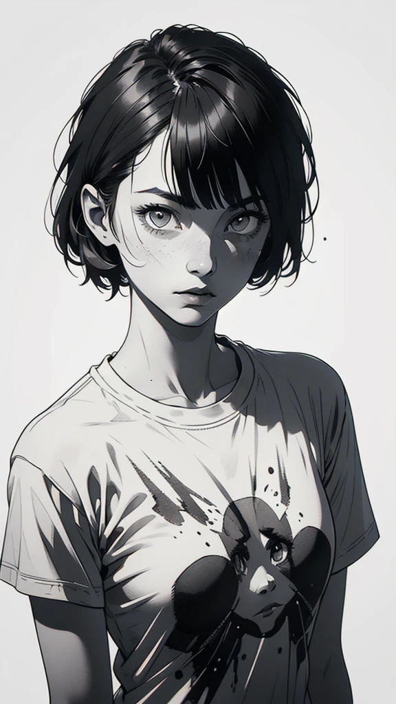 1 boyish girl, solo, sharp eyes, monochrome, greyscale, short black hair, portrait, white T-shirt, closed mouth, looking at viewer, graphite \(medium\), detailed lips, hatching \(texture\), without makeup, bangs, upper body, (best illustration), (best quality), (very detailed), (masterpiece), expressionless,