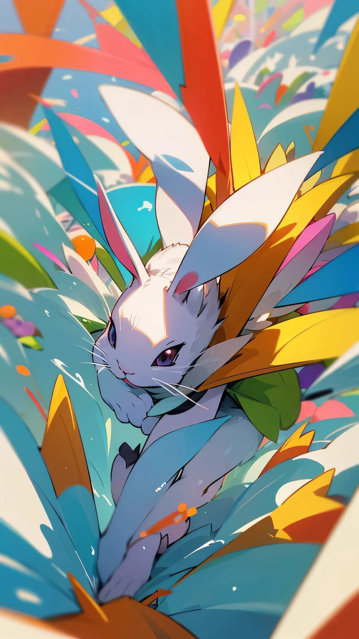 A rabbit plays with other colourful animals. The scene is bright and cheerful, with the bunny fully integrated into the playful activity, showcasing its newfound bravery.