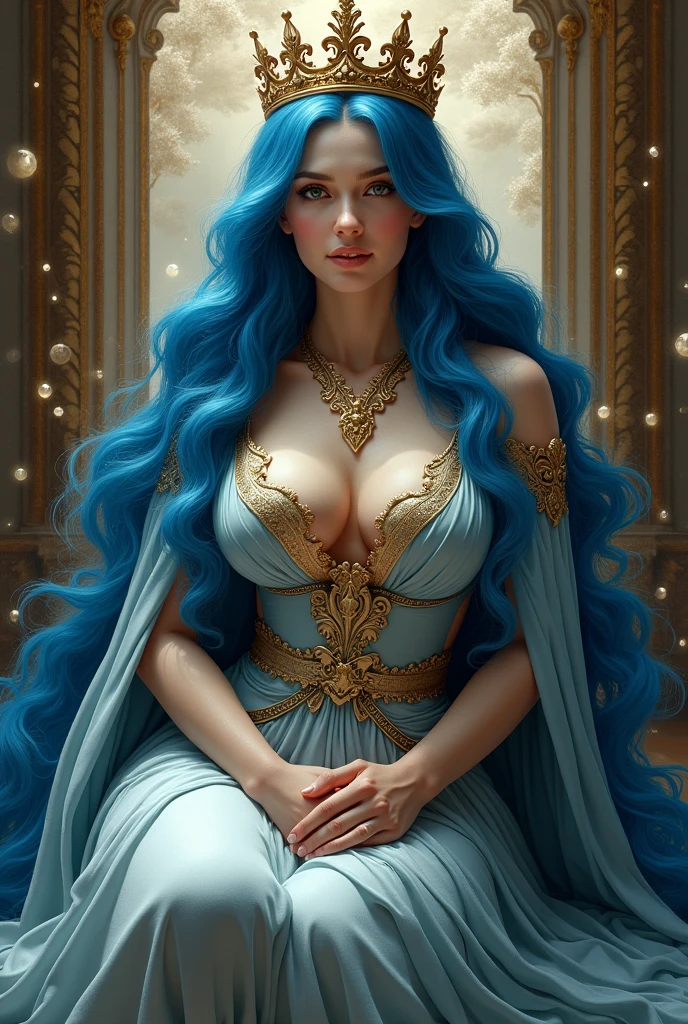 Majestic queen woman pink color sitting big breast blue hair with crown tender smiling 