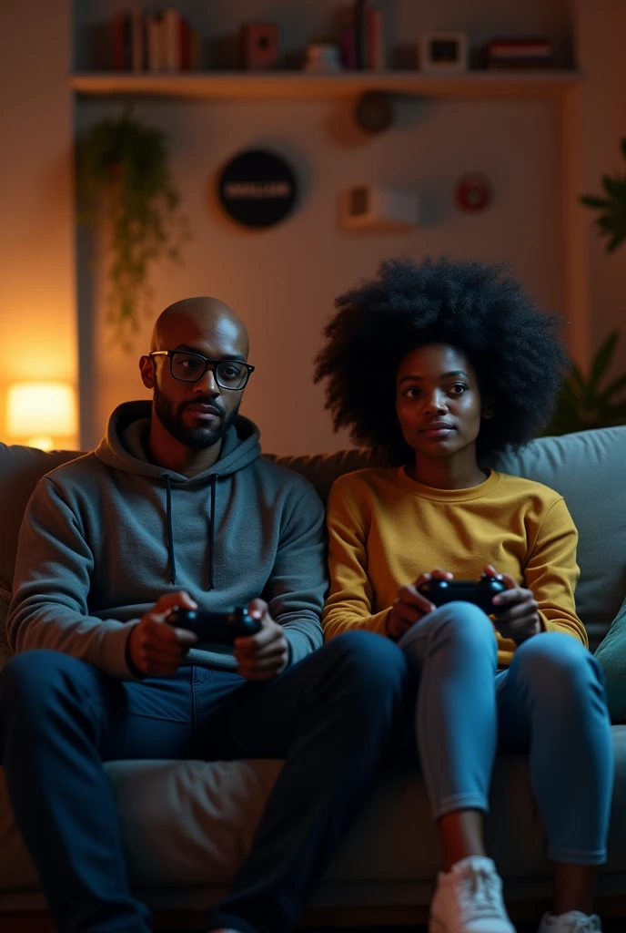 gamer couple playing Xbox series X, bald man with glasses and black woman with black power hair