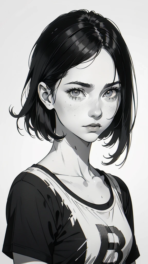 1 boyish girl, solo, sharp eyes, monochrome, greyscale, short black hair, portrait, white T-shirt, closed mouth, looking at viewer, graphite \(medium\), detailed lips, hatching \(texture\), without makeup, bangs, upper body, (best illustration), (best quality), (very detailed), (masterpiece), expressionless,