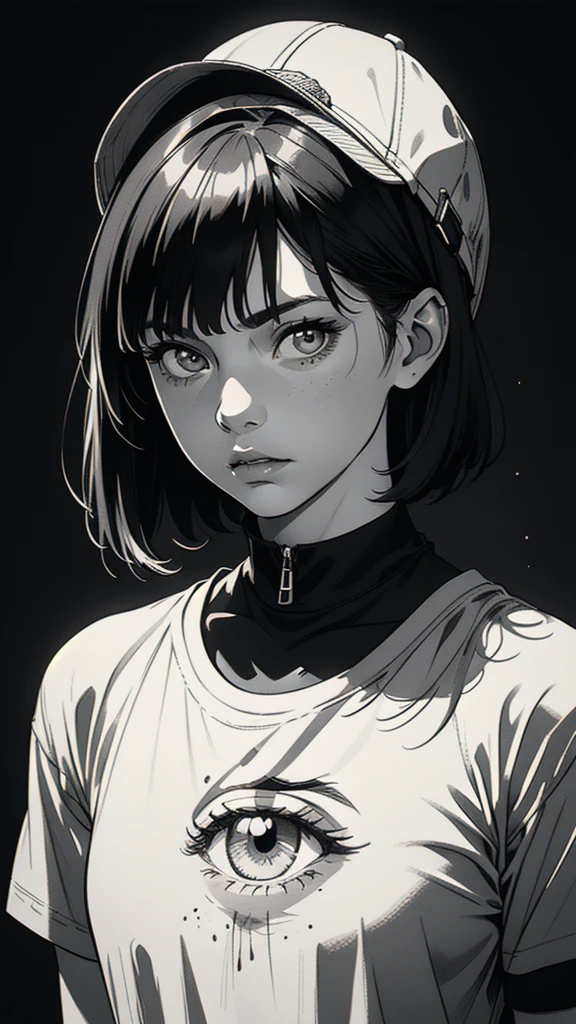 1 boyish girl, solo, sharp eyes, monochrome, greyscale, short black hair, portrait, white T-shirt, closed mouth, looking at viewer, graphite \(medium\), detailed lips, hatching \(texture\), without makeup, bangs, upper body, (best illustration), (best quality), (very detailed), (masterpiece), expressionless,