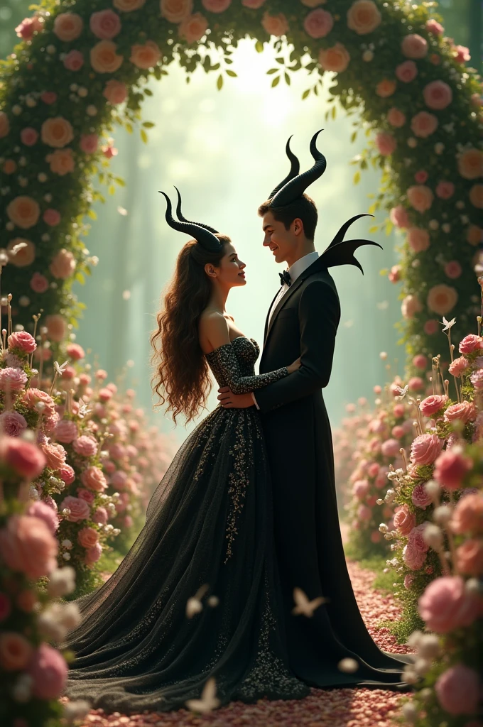 Maléfique se marie avec un homme qui a des ailes comme elle et ils sont entourés de milliers de fees. . Elle a de longs cheveux bruns qui entourent ses cornes avec des fleurs blanches. Sa robe de princesse est blanche et noire brillante et elle est heureuse. Son homme est élégant et habillé en noir avec une chemise blanche. Ils se trouvent sous une arche fleurie de roses rouges et autour d'eux des milliers de fées qui fêtent l'évènement. image réaliste avec les fées.