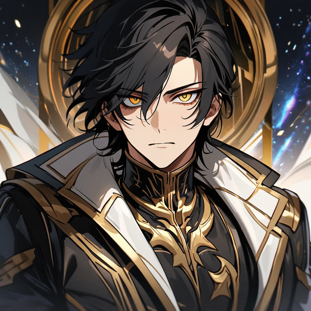 High quality, HD, 4k, no shadows, handsome male, handsome, 1male, , ager, jet black hair, short black hair, dark hair, black hair, jet black hair, sharp eyes, deep gold colored eyes, dark golden colored eyes, deep gold eyes, gold eyes, devil may cry, close up, calm expression, stoic expression, black leather clothes, white leather clothing, lean body, well trained body, upper body, looking at viewer, cowboy shot, white solar, space background