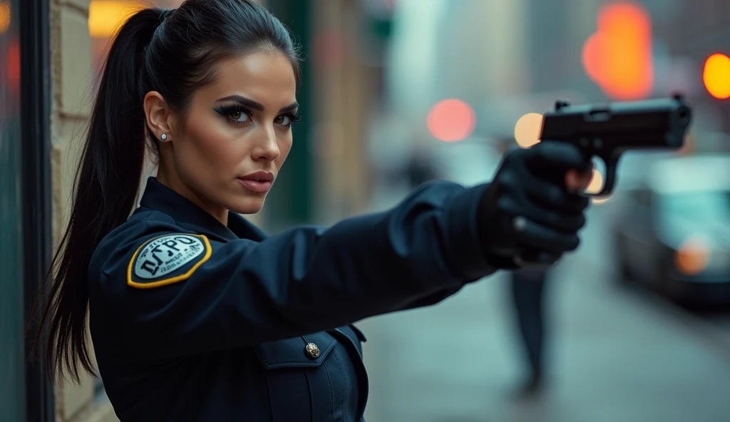 ultra realistic, photography, long black straight hair in a ponytail, elegant hair, (30 years old, hazel eyes, hourglass figure, perfect fit body, natural big breasts), firtatious look, femme fatale, long eyelashes, cat-eye make-up, she is from the NYPD and has her gun drawn with both hands, feet spread standing stance, at a crime scene, someone is running away, full body picture, wide angle, extreme wide angle