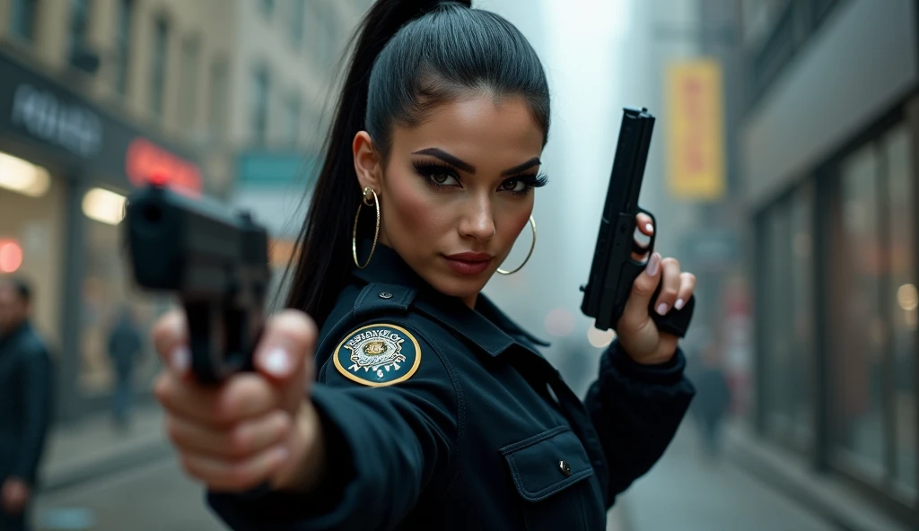 ultra realistic, photography, long black straight hair in a ponytail, elegant hair, (30 years old, hazel eyes, hourglass figure, perfect fit body, natural big breasts), firtatious look, femme fatale, long eyelashes, cat-eye make-up, she is from the NYPD and has her gun drawn with both hands, feet spread standing stance, at a crime scene, someone is running away, full body picture, wide angle, extreme wide angle