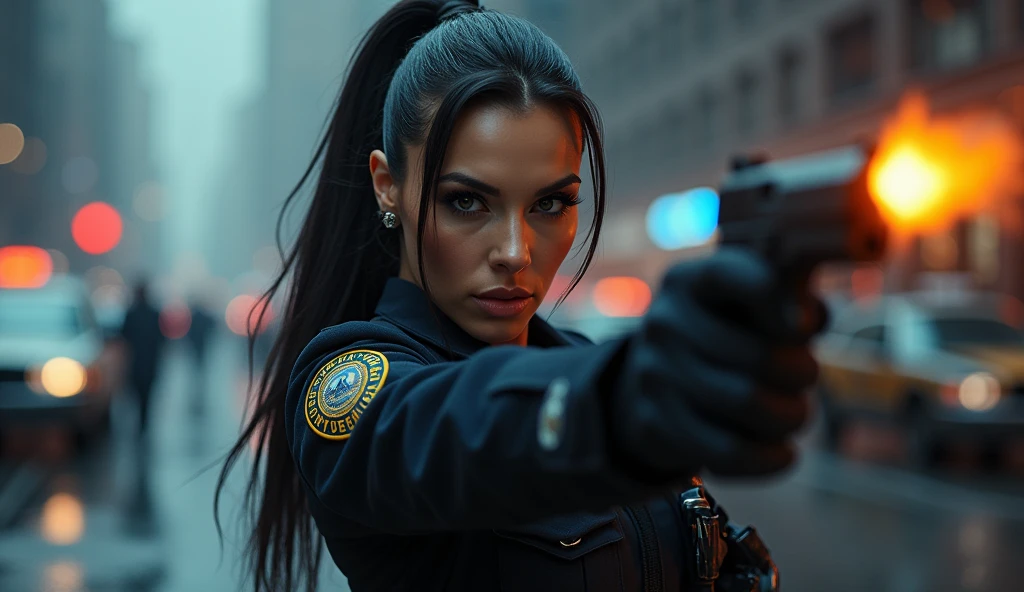ultra realistic, photography, long black straight hair in a ponytail, elegant hair, (30 years old, hazel eyes, hourglass figure, perfect fit body, natural big breasts), firtatious look, femme fatale, long eyelashes, cat-eye make-up, she is from the NYPD and has her gun drawn with both hands, feet spread standing stance, at a crime scene, someone is running away, full body picture, wide angle, extreme wide angle