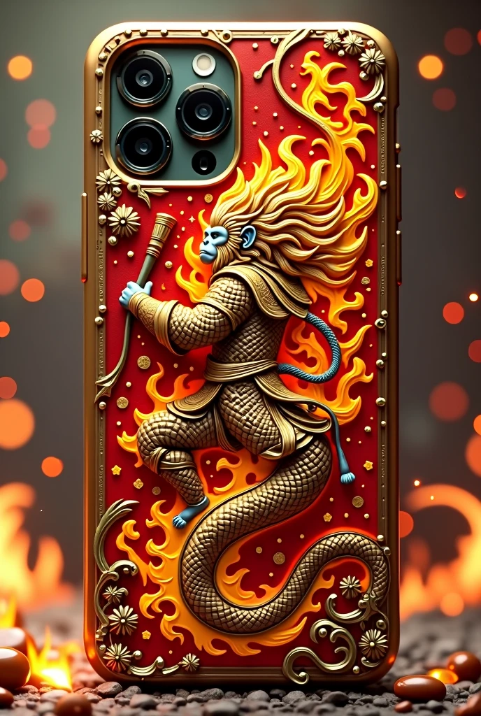 1. **Flame Patterns**: Incorporate swirling, intricate flame patterns to capture the essence of hot fire. These could be embossed or printed on the case.

2. **Monkey King Imagery**: Integrate symbolic elements related to Sun Wukong, such as his magical staff, his cloud-riding abilities, or his iconic golden armor.

3. **Color Scheme**: Use vibrant reds, oranges, and yellows to mimic the intensity of fire, with highlights of gold or bronze to add a touch of royalty and strength.

4. **Textural Elements**: Consider adding textures that resemble the flickering movement of flames or the roughness of dragon scales, which are often associated with powerful mythical creatures.

