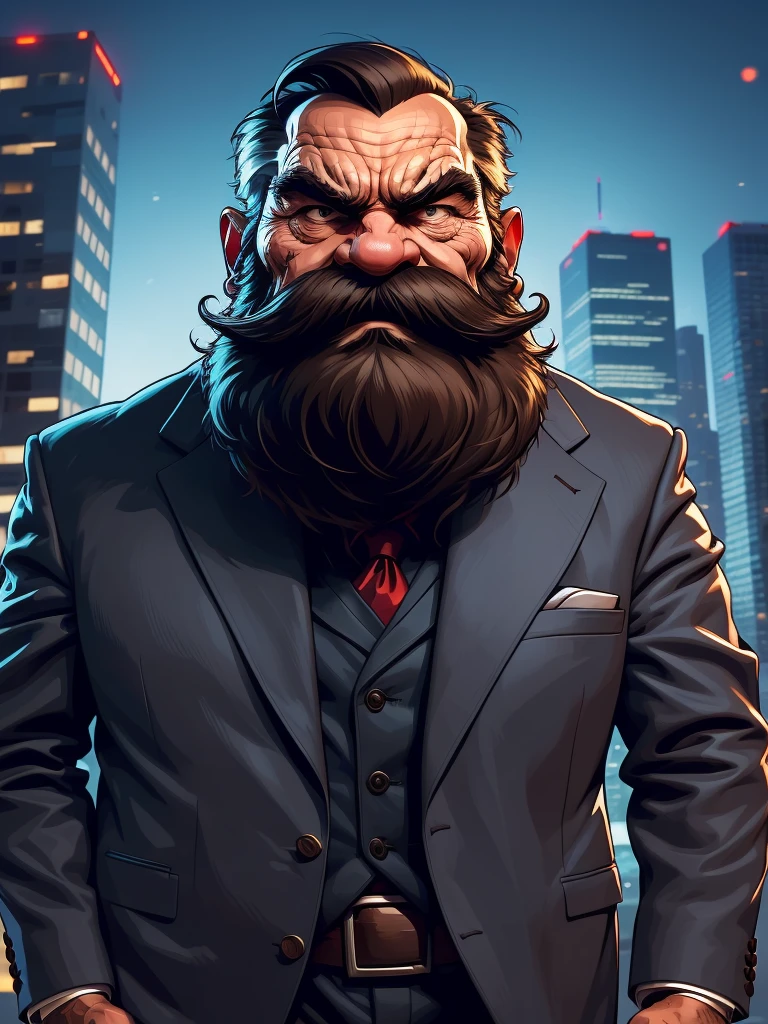 a portrait of an old man wearing a suit, upperbody, standing in a city background, focus eyes, angry, (mwvector), vector, thick mustache, long beard, 8k, high quality, photorealistic, detailed wrinkles, detailed facial features, detailed texture