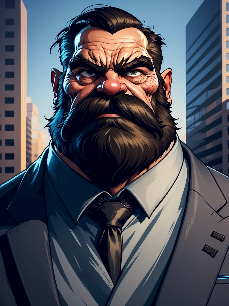 a portrait of an old man wearing a suit, upperbody, standing in a city background, focus eyes, angry, (mwvector), vector, thick mustache, long beard, 8k, high quality, photorealistic, detailed wrinkles, detailed facial features, detailed texture